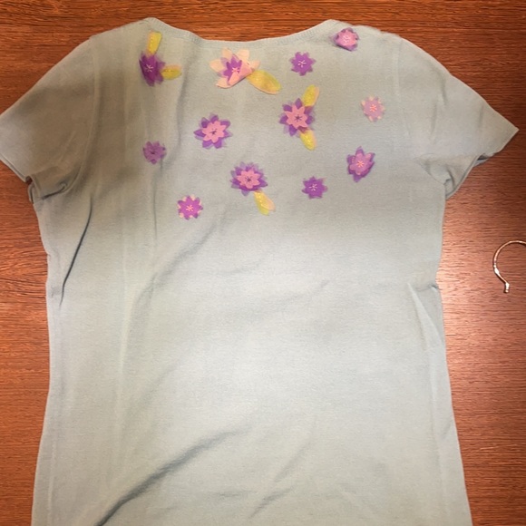 Moschino aqua cap sleeve knit top with pink and purple floral appliqués - Picture 3 of 5